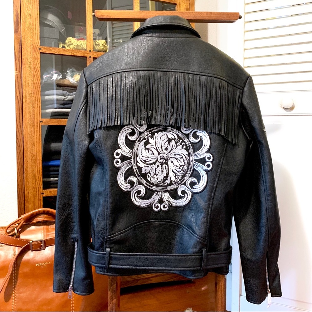 Zara Man Special Edition Faux Leather Moto Jacket with Tassels and Graphic